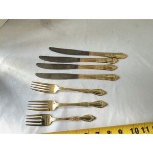Vintage Gold Tone Flatware Set Ornate Floral Scroll 4 Knives 3 Forks 7pc Mixed